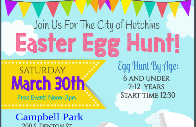 Join us for the City of Hutchins  Easter Egg Hunt! This event is free, and includes food, music, local churches, crafts, and fun! There will be a chance to get your photo taken with the Easter Bunny.  The hunt starts at 12:30 p.m. and will be by age: 6 and under, and 7-12 years old. If you find a golden egg, you get a prize! Please bring your own basket. The event will be from Noon - 2:00 p.m. at Campbell Park (200 S. Denton St. Hutchins, TX 75141).   For more information, or to sign up to volunteer for thi